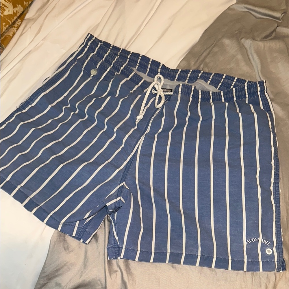 Faconnable Blue and White Swim Trunks with Nautical Stripes